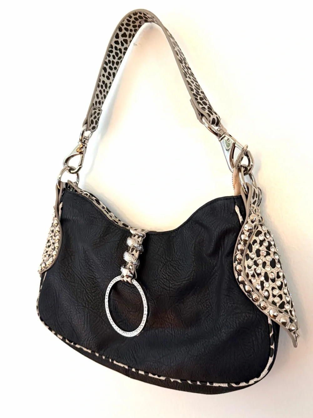 Vintage Hobo Purse Shoulder Bag Silver Studs Bling Snake Cheetah Black White Y2K